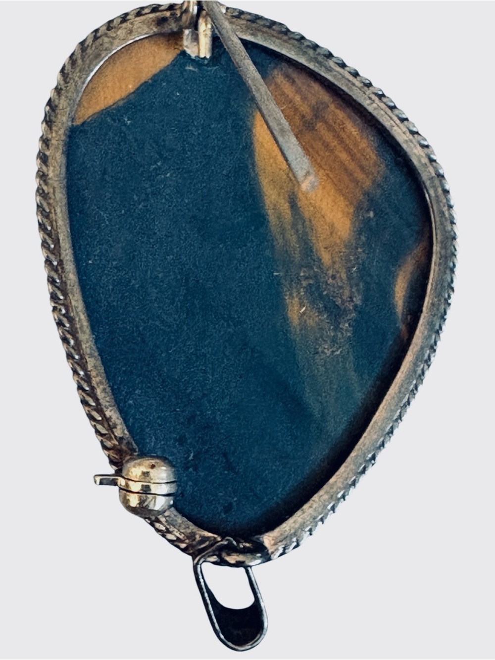 Vintage Blue Tiger Eye Brooch Pendant, Large Hawk’s Eye Gemstone - Picture 13 of 17